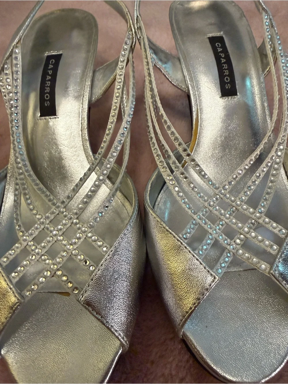 Caparros Metallic Silver Rhinestone Slingback Heels